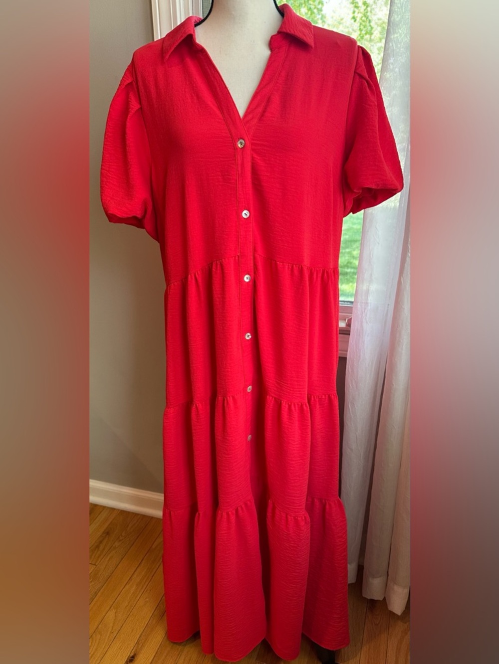 1 State poppy red Bubble sleeve Tiered ruffle shirt midi dress XL coastal